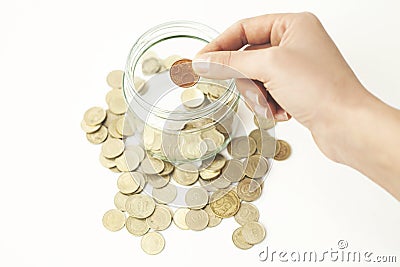 Mixed coin stacks on a white background Stock Photo