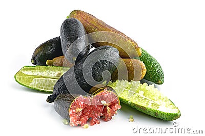 Mixed color finger limes on white background Stock Photo