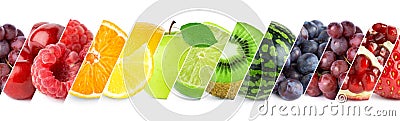 Mixed of color fruits. Collage of fresh ripe fruit Stock Photo