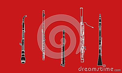 Mixed color line drawi of outline english horn, flute, piccolo, bassoon and oboe musical instrument contour Vector Illustration