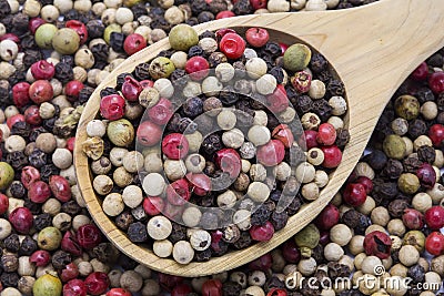 Mixed color pepper and wooden spoon Stock Photo