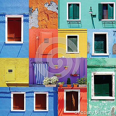 Mixed colorful Windows wall and Doors Stock Photo
