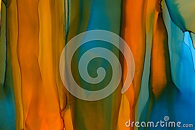 Mixed colors watercolor texture background. Hand drawn orange and navy smears, splashes abstract backdrop, alcohol ink. Stock Photo