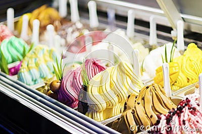 Mixed colourful gourmet ice cream sweet gelato in shop display Stock Photo