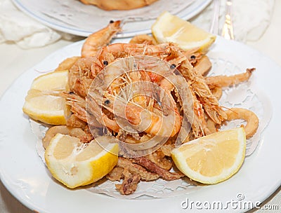 Mixed deep-fried fish shrimp and squid platter Stock Photo