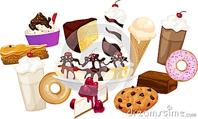 Mixed Various Desserts Sweets Group Cartoon Illustration