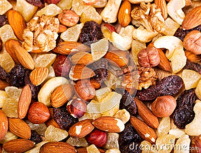 Mixed dried nuts and fruit Stock Photo