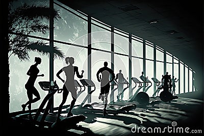 Mixed group of men and women of different ages in inclusive gym, fitness studio. Silhouettes of active sporty people on gym Cartoon Illustration