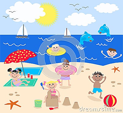 Mixed kids on the beach Vector Illustration