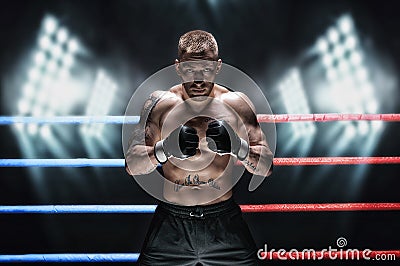 Mixed martial artist posing in the ring against spotlights. Concept of mma, ufc, thai boxing, classic boxing Stock Photo