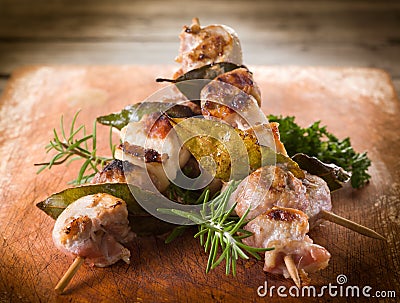 Mixed meat skewer on wooden Stock Photo