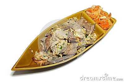 Mixed meat steak with Kimchi in boat shape platter Stock Photo