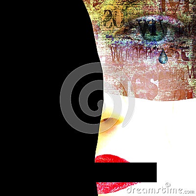 Mixed media. Contemporary art portrait of abused, banned to speak and express opinion woman Stock Photo