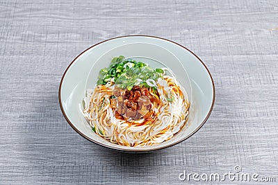 Mixed noodles with spring scallion, oil and soy sauce Stock Photo