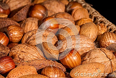 Mixed nut selection in shells. Brazil nuts, walnuts, almonds and hazelnuts Stock Photo