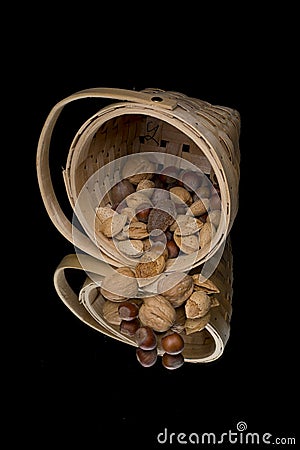 Mixed nuts in basket with reflection Stock Photo