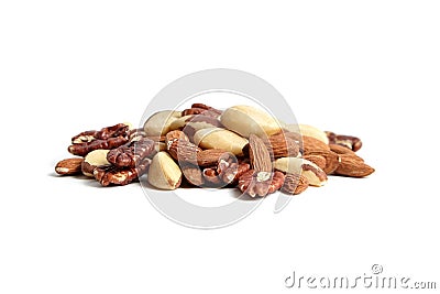 Mixed nuts isolated on white background. Almonds, Brazil nuts and peeled pecans mix. Closeup of natural nuts blend on white Stock Photo