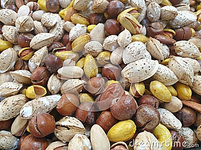 Mixed nuts top view. Many nuts Stock Photo