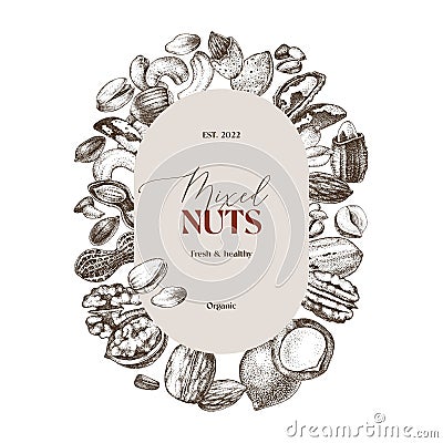 Mixed nuts vector label over hand drawn nuts sketches Vector Illustration