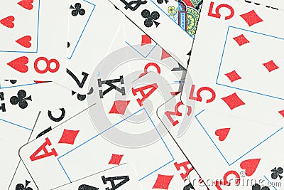 Mixed playing cards background. Stock Photo