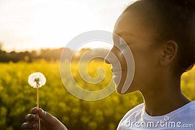 Mixed Race African American Girl Teenager Dandelion Flower Stock Photo