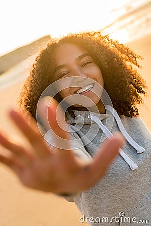 Mixed Race African American Girl Teenager Smiling Sunset Beach Stock Photo