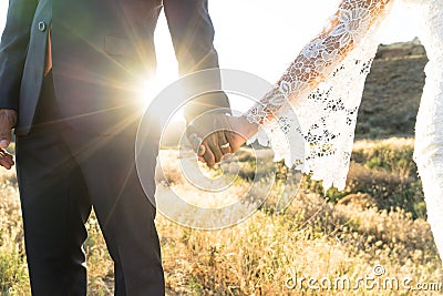 Mixed race bride and groom holding hands at sunset Stock Photo