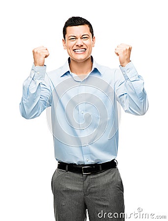 Mixed race businessman celebrating success isolated on white background Stock Photo