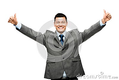 Mixed race businessman celebrating success isolated on white background Stock Photo