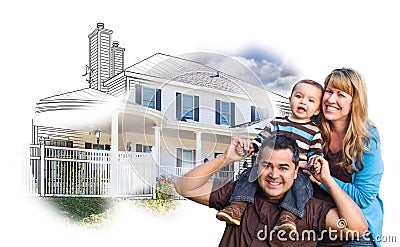 Mixed Race Family Over House Drawing and Photo on White Stock Photo