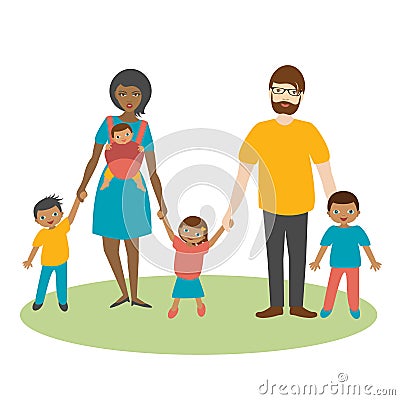 Mixed race family with three children. Vector Illustration