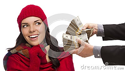 Mixed Race Young Woman Being Handed Thousands of Dollars Stock Photo