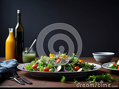 Mixed salad on rustic table. Fresh diet salad served in plate with chilli Stock Photo