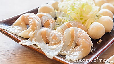 Mixed shrimp dumplings, fish ball on dish Stock Photo
