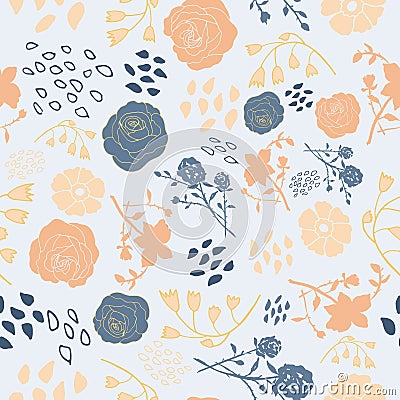 Mixed Summer Florals in Blue and Coral Vector Illustration