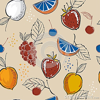 Mixed summer fruits colorful hand sketch ,drawing and paint style in seamless pattern vector for fashion fabric and all prints Stock Photo