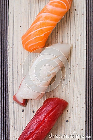 Mixed Sushi Maguro, Salmon and Hamachi Set on the Stone Plate. Stock Photo