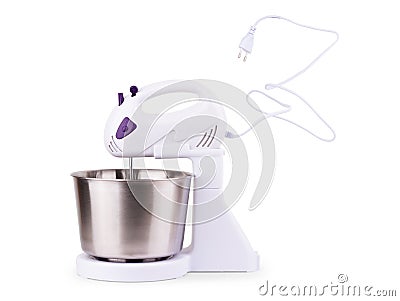 Mixer, hand mixer or stand mixer, is a kitchen device that uses a gear-driven mechanism to rotate a set of beaters in a bowl Stock Photo