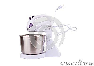 Mixer, hand mixer or stand mixer, is a kitchen device that uses a gear-driven mechanism to rotate a set of beaters in a bowl Stock Photo