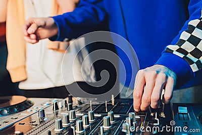 The mixer. remote for sound recording. sound engineer at work in the studio. sound amplifier mixing console equalizer Stock Photo