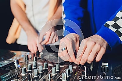 The mixer. remote for sound recording. sound engineer at work in the studio. sound amplifier mixing console equalizer Stock Photo