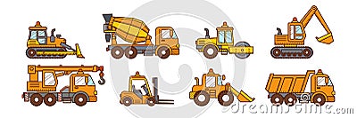 mixer truck, excavator, road roller, dump truck Vector Illustration