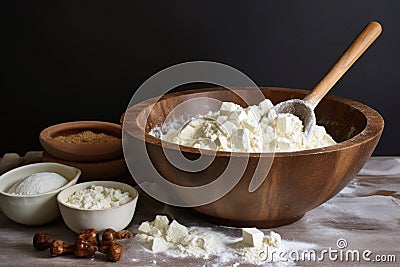 mixing dough in a ceramic bowl with wooden spoon Stock Photo