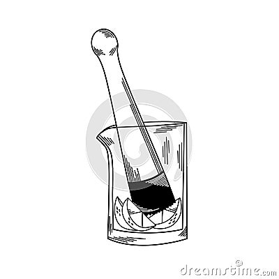 Mixing glass with muddler squeezing limes in line art style, bar supplies Vector Illustration