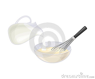 Mixing of Ingredients for Cooking Pancakes with Pouring Milk Vector Illustration Vector Illustration
