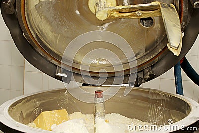 Mixing mass for the production of processed cheese. Cheese production. Technology. Stock Photo