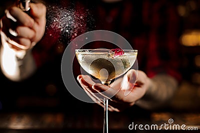 Mixologist sprinkling bitter on the elegant cocktail glass Stock Photo