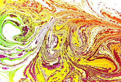 Mixture of acrylic paints. Modern artwork. Yellow and black mixed acrylic paints. Liquid marble texture. Applicable for. Stock Photo