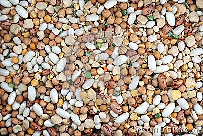 Mixture of cereals and dried vegetables for soups with various types of beans, chickpeas, lentils, barley, shelled and peeled peas Stock Photo
