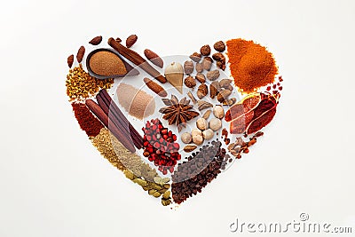Mixture of different seeds spices lie in shape of heart on white background. View from above. Generative ai Stock Photo